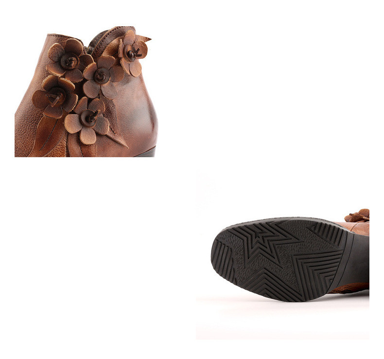 Retro Handmade Floral Leather Solid Color Ankle Boots