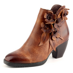 Retro Handmade Floral Leather Solid Color Ankle Boots