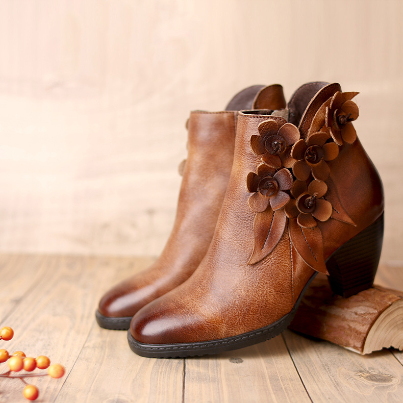 Retro Handmade Floral Leather Solid Color Ankle Boots