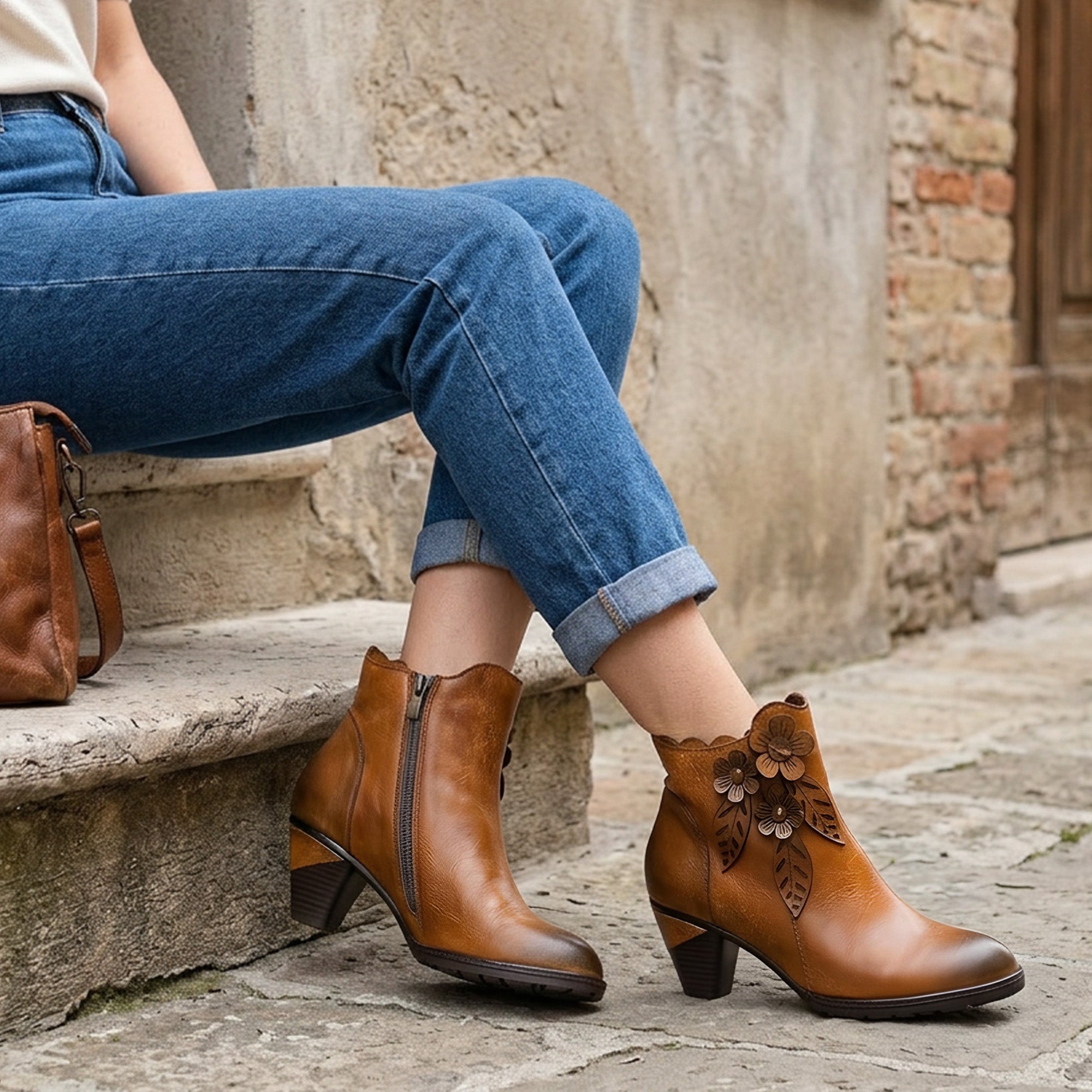 Retro Handmade Floral Leather Solid Color Ankle Boots