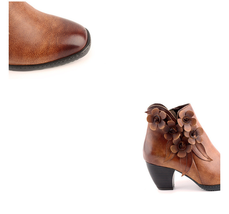Retro Handmade Floral Leather Solid Color Ankle Boots