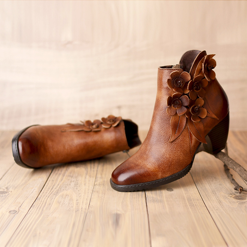 Retro Handmade Floral Leather Solid Color Ankle Boots