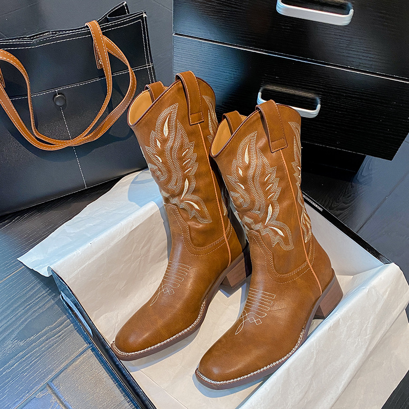 Embroidered Mid-Calf Boots
