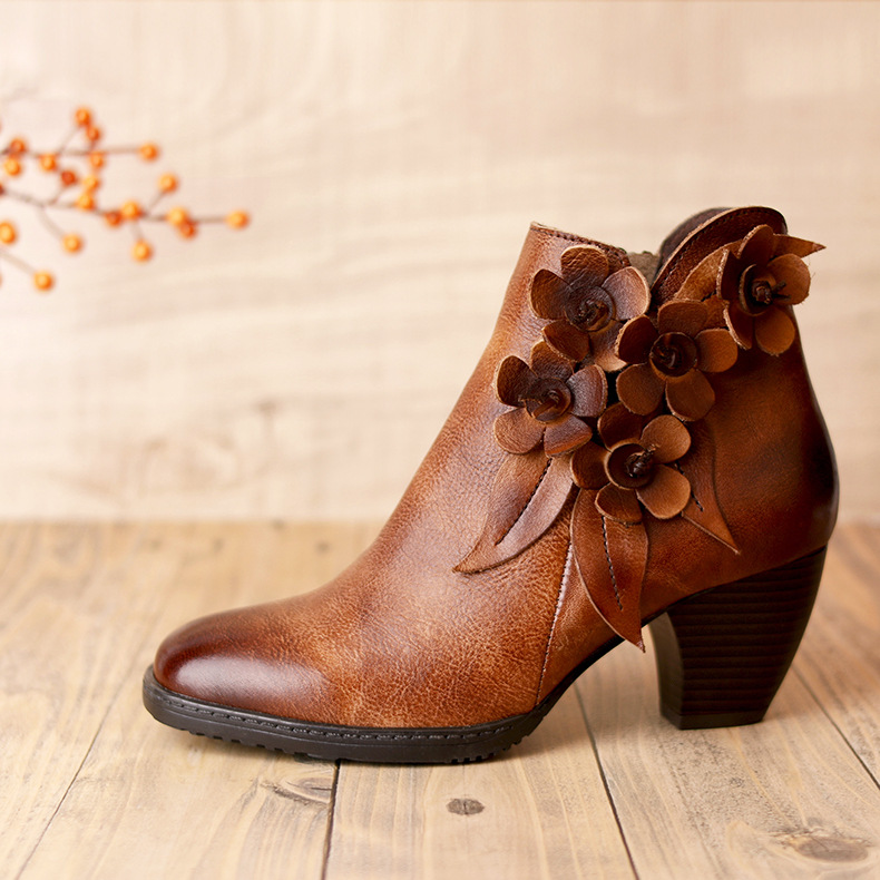 Retro Handmade Floral Leather Solid Color Ankle Boots