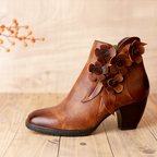 Retro Handmade Floral Leather Solid Color Ankle Boots