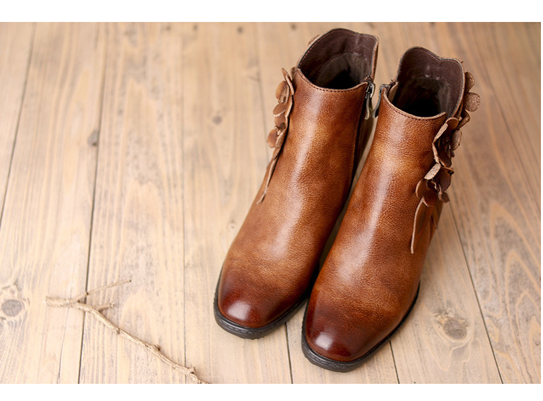 Retro Handmade Floral Leather Solid Color Ankle Boots
