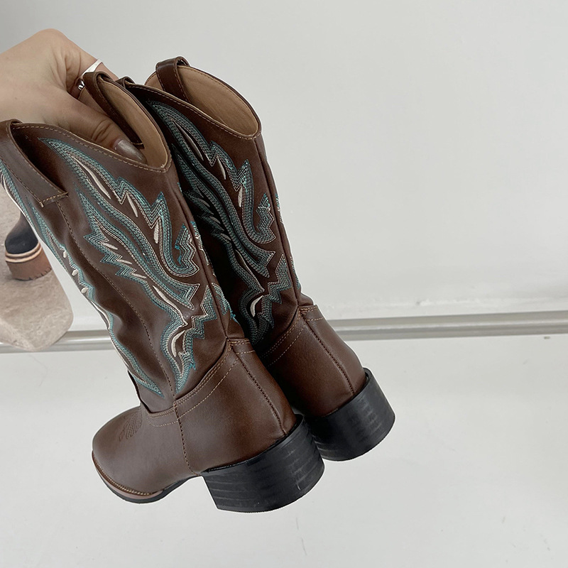 Embroidered Mid-Calf Boots