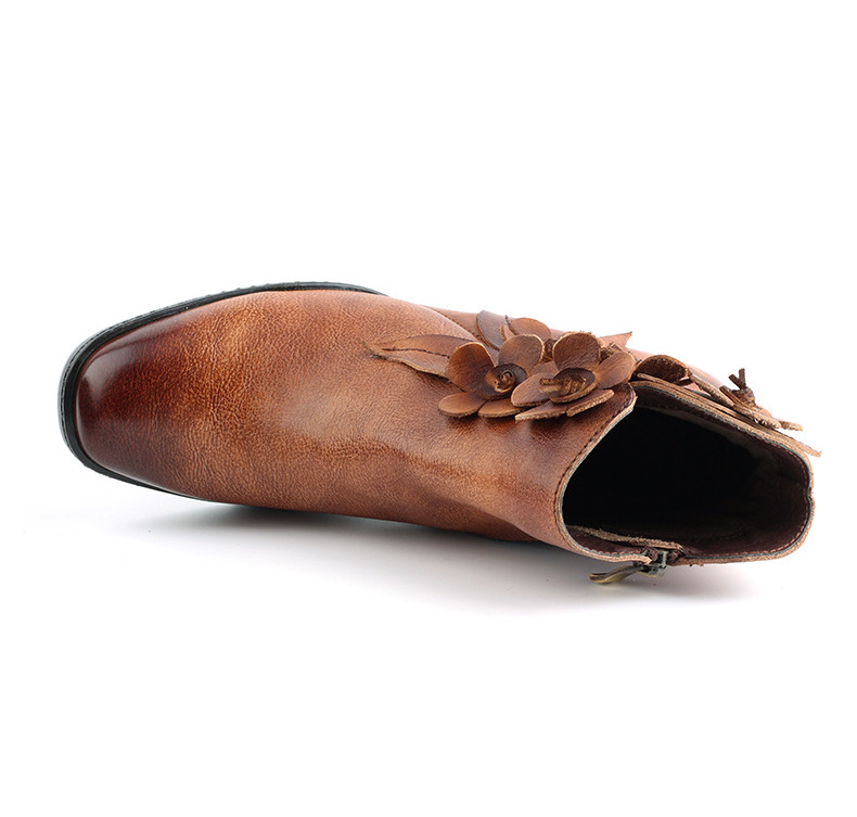 Retro Handmade Floral Leather Solid Color Ankle Boots