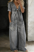 Thomasina – Wide Leg Denim-Look Jumpsuit