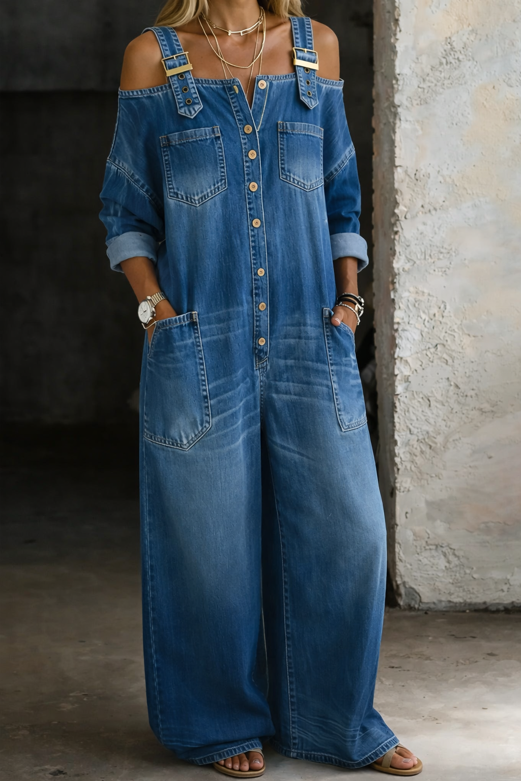 Ruth – Wide Leg Denim-Look Jumpsuit
