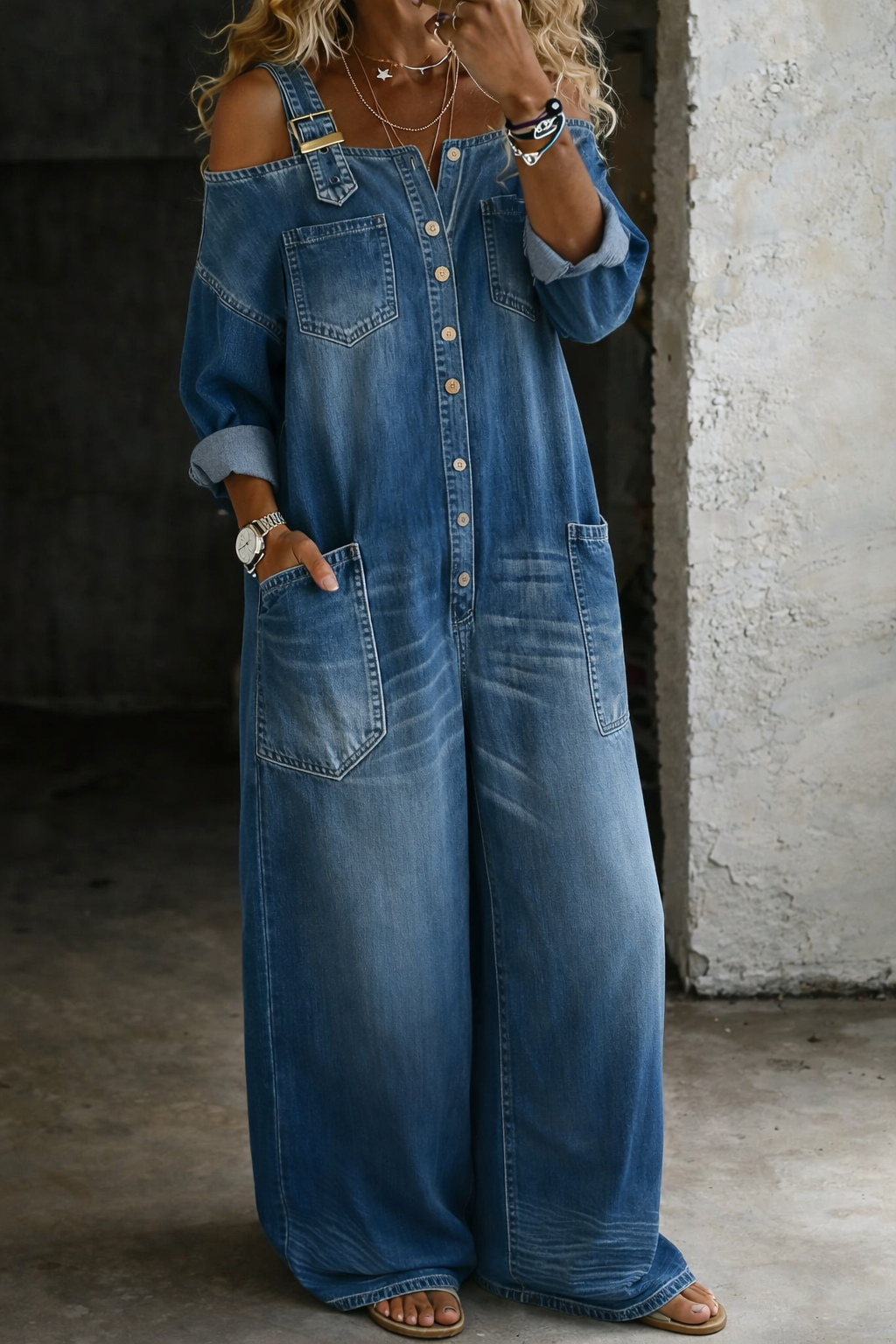 Ruth – Wide Leg Denim-Look Jumpsuit