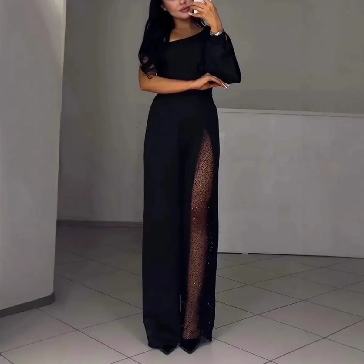 Clemency – Mesh Panel Wide-Leg Jumpsuit