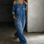 Aoife – Cold-Shoulder Denim-Look Wide-Leg Jumpsuit